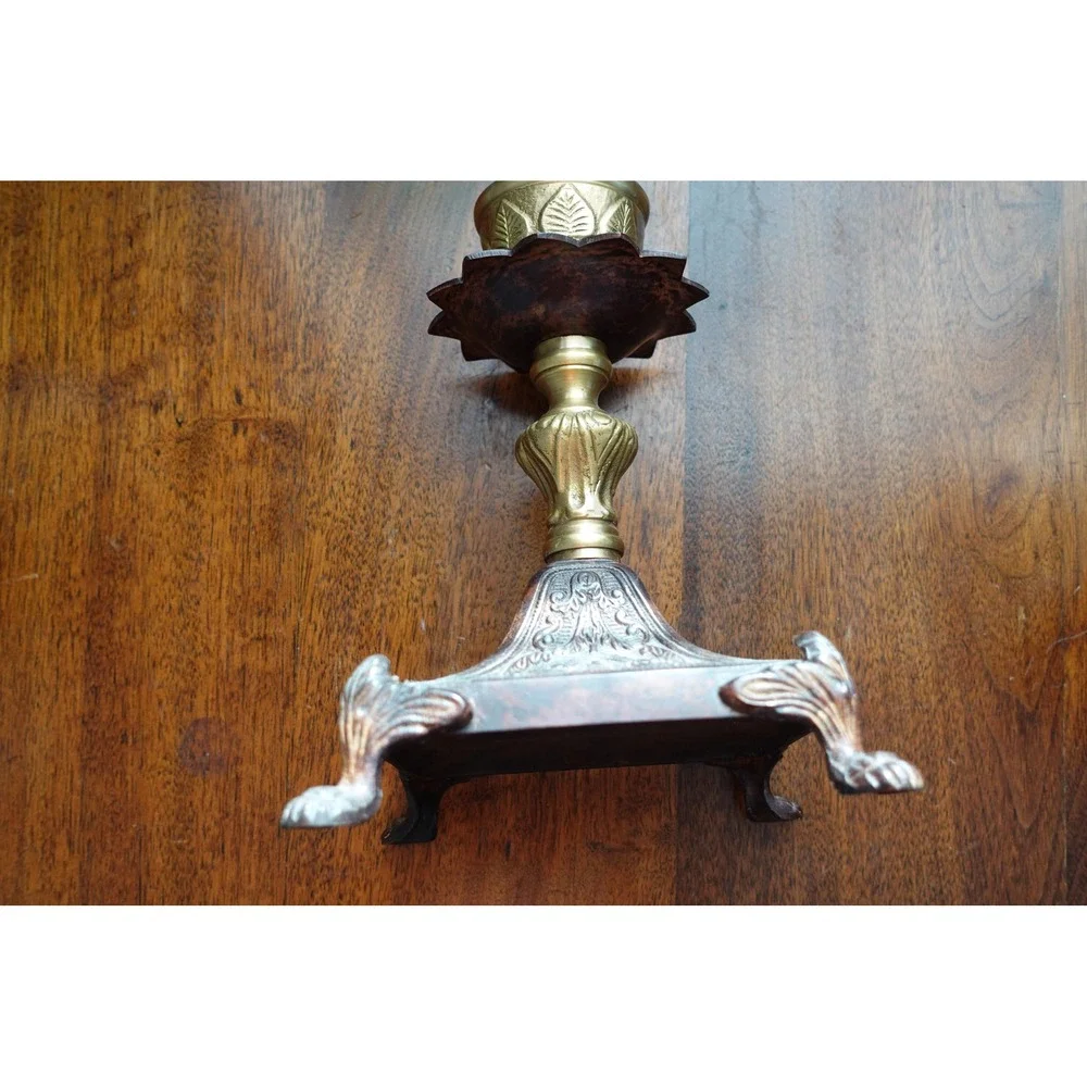 Vintage‎ Ornate Brass Cast Iron Candle Holder Claw Foot Victorian Gothic 9in